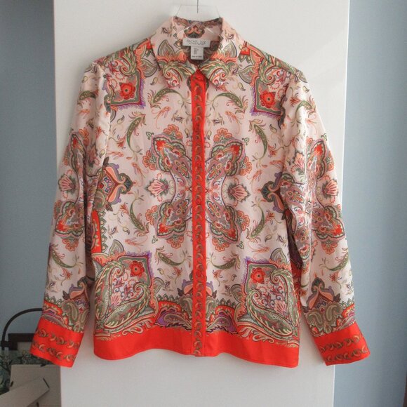 Rachel Zoe Women's Paisley Button-Up Long Sleeve Satin Shirt Size S Orange - Picture 1 of 11